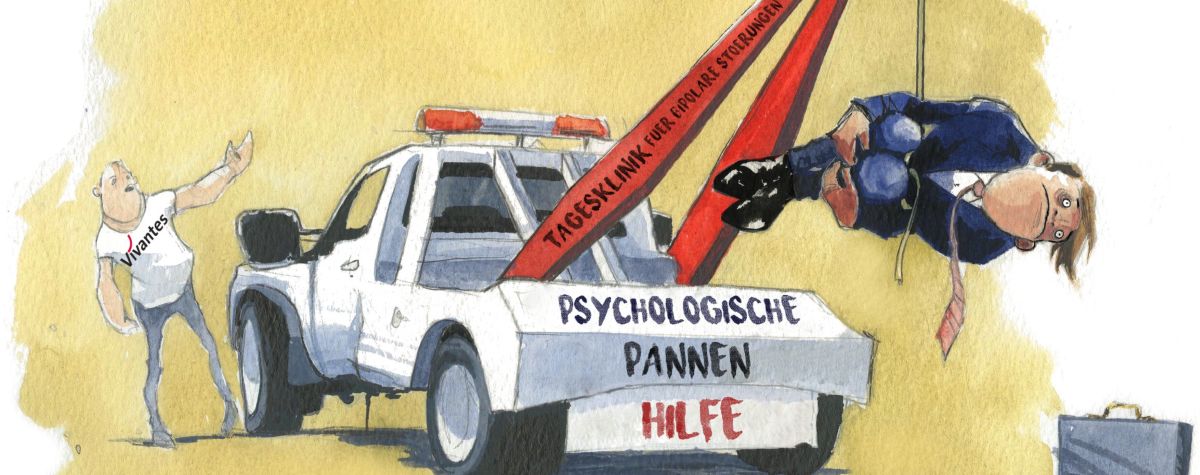 Tagesklinik für Bipolare Störungen des Vivantes Klinikum in Berlin-Reinickendorf: In diesem Cartoon wird ein Mann im Anzug mit dem Kran eines Abschleppwagens, auf dem hinten in Großbuchstaben "Psychologische Pannenhilfe" steht, mit dem Abschleppseil umwickelt hochgehoben. Der Fahrer, auf dessen T-Shirt "Vivantes" steht, befindet sich neben der Fahrerkabine. Auf einem Kranteil steht in Großbuchstaben Tagesklinik für Bipolare Störungen. 