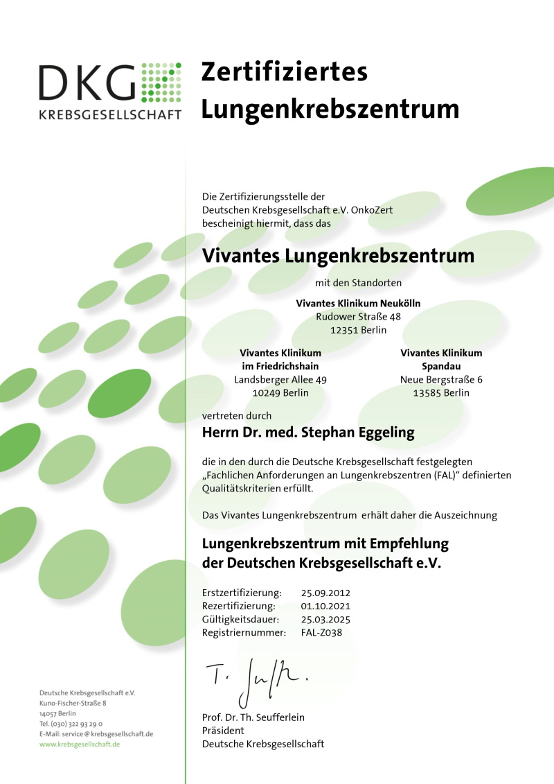 Urkunde der Deutschen Krebsgesellschaft zur Zertifizierung als Lungenkrebszentrum