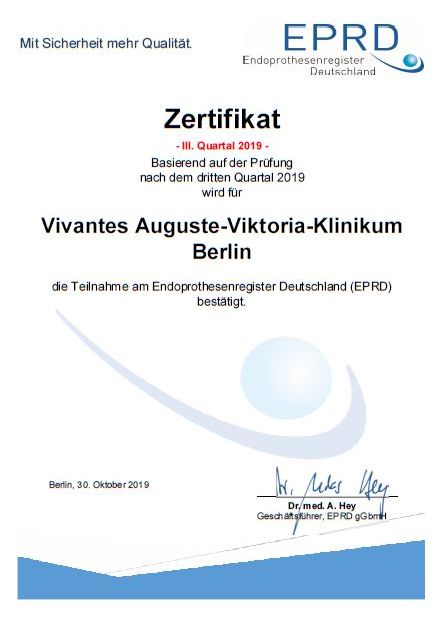 Zertifikat des Endoprothesenregister Deutschland
