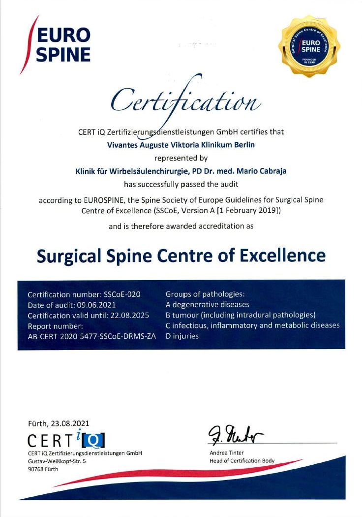 Zertifikat von Eurospine für Klinik für Wirbelsäulenchirurgie am Auguste-Viktoria-Klinikum Berlin