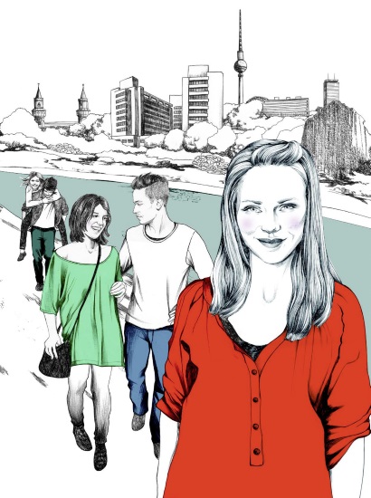 FRITZ am Urban in Berlin-Kreuzberg: Im Vordergrund dieser Illustration ist eine Jugendliche zu sehen, hinter ihr laufen jeweils mit etwas Abstand eine junge Frau und ein junger Mann. Im Hintergrund ist die Spree und dahinter die Skyline Berlins zu sehen. 