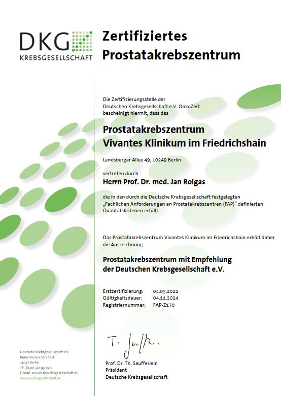 Zertifikat der DKG Prostatakrebszentrum Klinikum im Friedrichshain