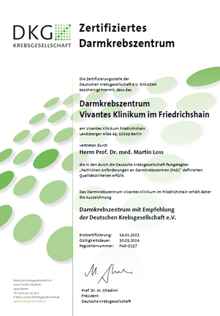 Zertifikat des Darmkrebszentrum am Krankenhaus Friedrichshain