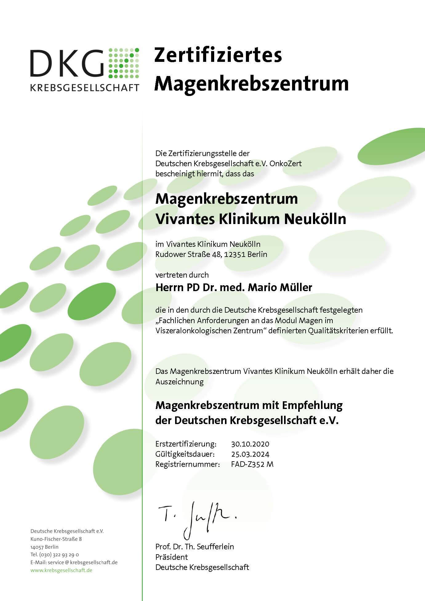 Zertifikat Deutsche Krebsgesellschaft Magenkrebszentrum