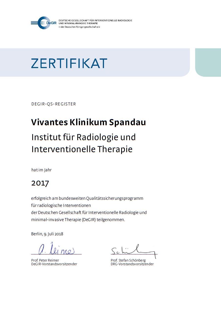 DeGIR-Zertifikat des Instituts für Radiologie im Vivantes Klinikum Berlin-Spandau