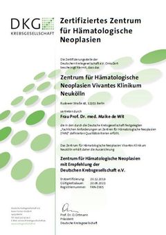 Zertifikat der DKG als Zentrum für Hämatologische Neoplasien