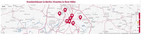 Vivantes Startseite zeigt Karte mit Krankenhaus Standorten
