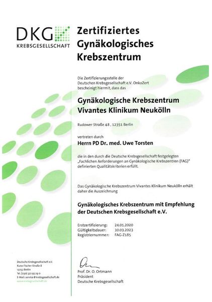 Zertifikat der Deutschen Krebsgesellschaft (DKG) als Gynäkologisches Krebszentrum