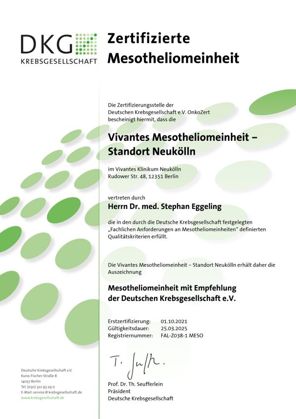Zertifikat der Deutschen Krebsgesellschaft an das Klinikum Neukölln als Mesotheliomeinheit