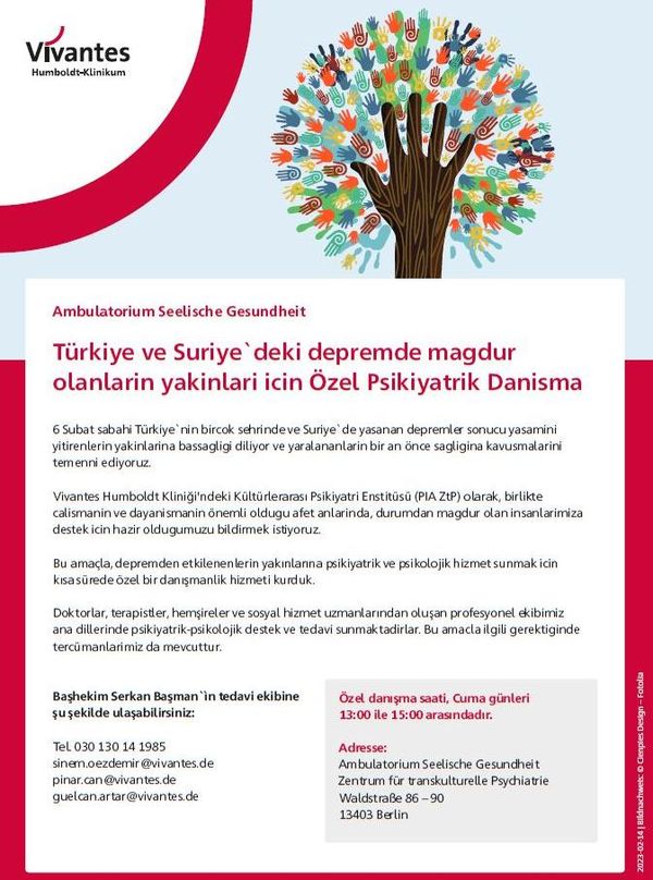 Flyer in türkischer Sprache zum Unterstützungsangebot in Berlin für Betroffene des Erdbebens in der Türkei und Syrien